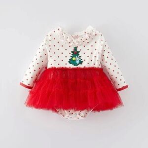 Festive Red and White Baby Dress with Christmas Tree